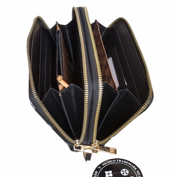 Leather wallet Black women Wristlet Purse Clutch round zipper Charis Ma - Picture 8 of 14